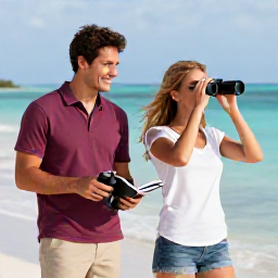 Caribbean Holidays, November Birdwatching, Friendly couple enjoying a relaxed birdwatching morning on a Caribbean island, with binoculars, a notebook and turquoise sea nearby