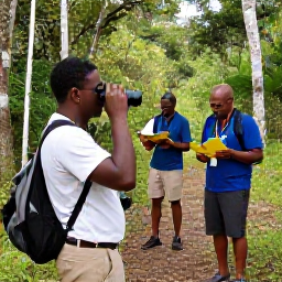 Caribbean Holidays, November Birdwatching, Friendly local birdwatching guide leading visitors along a Caribbean forest trail with binoculars and field guides