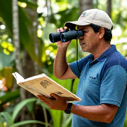 Caribbean Holidays, November Birdwatching, Friendly local birdwatching guide showing binoculars and a field guide to a traveller in a Dominican Republic nature reserve