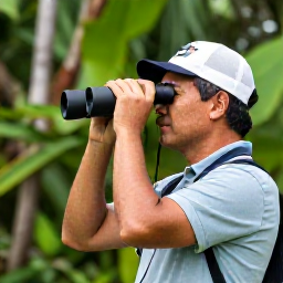 Caribbean Holidays, November Birdwatching, Friendly local birdwatching guide showing visitors a tropical bird through binoculars in Trinidad and Tobago