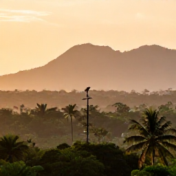 Caribbean Holidays, November Birdwatching, Golden sunrise over a tropical Dominican Republic landscape with forest, palms and distant mountains