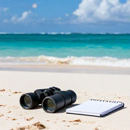 Caribbean Holidays, November Birdwatching, Peaceful November afternoon on a Turks and Caicos beach, with binoculars resting beside a notebook and turquoise sea beyond