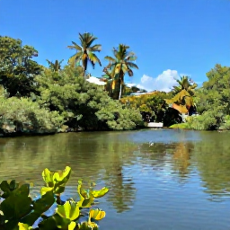 Caribbean Holidays, November Birdwatching, Quiet freshwater pond surrounded by tropical vegetation on Saint Barth&eacute;lemy, with wading birds and a clear November sky