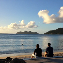 Caribbean Holidays, November Birdwatching, Relaxed couple birdwatching beside a Caribbean shoreline after a morning excursion, United States Virgin Islands, calm sea and November sunshine, realistic travel image