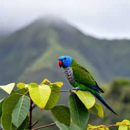 Caribbean Holidays, November Birdwatching, The Saint Vincent parrot perched among rainforest leaves, with misty green mountains in the background