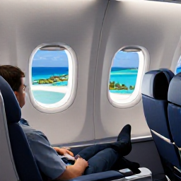 Caribbean Holidays, November Business Class, Business class traveller relaxing in a spacious aircraft seat with a tropical Caribbean island visible through the window