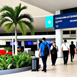 Caribbean Holidays, November Business Class, Business class travellers arriving at Piarco International Airport in Trinidad, with tropical greenery and modern airport details