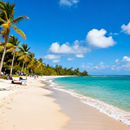 Caribbean Holidays, November Business Class, Calm golden beach on Tobago in November, with clear turquoise water, palm trees and a few relaxed visitors