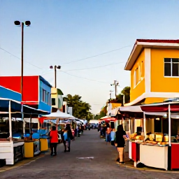 Caribbean Holidays, November Business Class, Caribbean market street with colourful buildings, local food stalls and visitors exploring in warm November sunshine