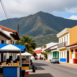 Caribbean Holidays, November Business Class, Colourful Port of Spain street scene in Trinidad, with local food stalls, historic buildings and mountains in the background