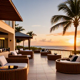 Caribbean Holidays, November Business Class, Comfortable business class holiday experience in Trinidad and Tobago, showing a stylish hotel terrace overlooking a tropical sunset