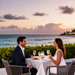 Caribbean Holidays, November Business Class, Couple enjoying a premium Caribbean resort evening with sunset sea views and elegant outdoor seating