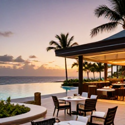 Caribbean Holidays, November Business Class, Elegant Caribbean resort with an infinity pool, palm trees and a stylish outdoor dining terrace at sunset
