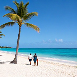 Caribbean Holidays, November Business Class, Quiet Caribbean beach in November with turquoise water, palm trees and a couple walking along the sand