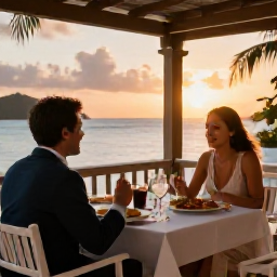 Caribbean Holidays, November BVI Holidays, Relaxed waterfront restaurant in the British Virgin Islands at sunset with local seafood and a business class holiday traveller