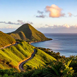 Caribbean Holidays, November Caribbean, A scenic Caribbean island viewpoint overlooking green hills, blue sea and a winding coastal road at golden afternoon light, realistic travel photograph
