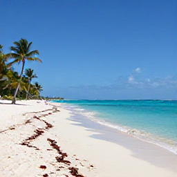 Caribbean Holidays, November Caribbean, A sunlit Caribbean beach in November with calm turquoise water, soft white sand and a few palm trees, realistic travel photograph