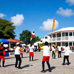 Caribbean Holidays, November Caribbean, Colourful Caribbean street festival in November with dancers, musicians and local flags in a lively town square