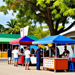 Caribbean Holidays, November Caribbean, Colourful Port of Spain street scene with local food stalls, music and tropical trees