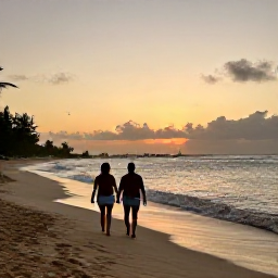 Caribbean Holidays, November Caribbean, Couple walking along a quiet Caribbean beach at sunset with gentle waves and a warm evening sky, realistic travel photograph