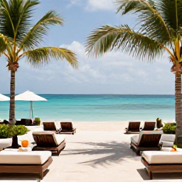 Caribbean Holidays, November Caribbean Holidays, A stylish beachfront resort with palm trees, loungers and turquoise sea in the Caribbean