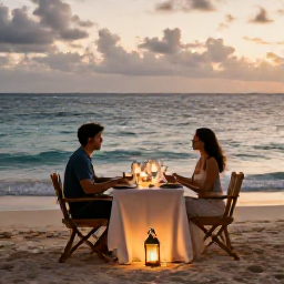 Caribbean Holidays, November Caribbean Holidays, Romantic Caribbean beach dinner for two with lanterns, soft evening light and the sea in the background