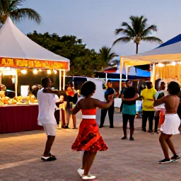 Caribbean Holidays, November Caribbean, Open-air Caribbean cultural celebration at dusk with musicians, dancers, food stalls and a warm festive atmosphere