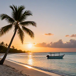 Caribbean Holidays, November Caribbean, Relaxed Caribbean beach at sunset with calm turquoise water, palm trees and a small local fishing boat