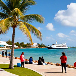 Caribbean Holidays, November Caribbean Trips, Colourful Caribbean harbour with a small inter-island ferry, palm trees and travellers exploring a sunny waterfront in November