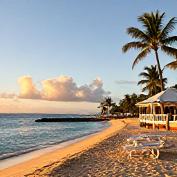 Caribbean Holidays, November Caribbean Trips, Relaxed Caribbean beach at sunset with golden sand, calm turquoise water, palm trees and a small beachside restaurant