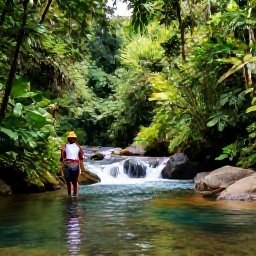 Caribbean Holidays, November Caribbean Trips, Travellers walking through Dominica's rainforest beside a clear river and waterfall, with tropical foliage and soft November light