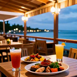 Caribbean Holidays, November City Breaks, A relaxed Caribbean restaurant terrace in the evening, with local seafood, colourful cocktails and warm lights overlooking the harbour