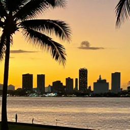 Caribbean Holidays, November City Breaks, Golden sunset over the Port of Spain waterfront with city lights beginning to appear and palm trees in the foreground