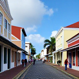 Caribbean Holidays, November City Breaks, Historic streets in Charlotte Amalie with colourful colonial buildings, small shops, palm trees and visitors exploring on foot