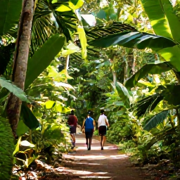 Caribbean Holidays, November City Breaks, Tropical Trinidad rainforest trail with visitors walking beneath lush green trees and filtered November sunshine
