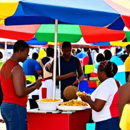 Caribbean Holidays, November City Breaks, Visitors enjoying fresh Trinidadian food at a friendly outdoor market in Port of Spain, colourful stalls and local atmosphere