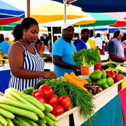 Caribbean Holidays, November Cooking Holidays, A colourful outdoor market in Port of Spain, Trinidad, with fresh tropical produce, herbs, spices and friendly local traders