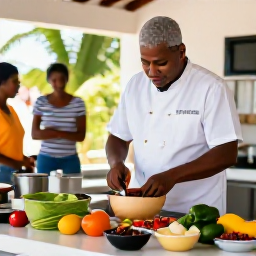 Caribbean Holidays, November Cooking Holidays, A friendly Trinidadian cook leading a hands-on Caribbean cooking class in a bright open-air kitchen, with spices, vegetables and traditional ingredients on the table