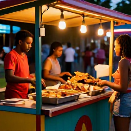 Caribbean Holidays, November Cooking Holidays, A relaxed evening street-food scene in Trinidad, with doubles, bake and shark, grilled food and colourful stalls under warm lights