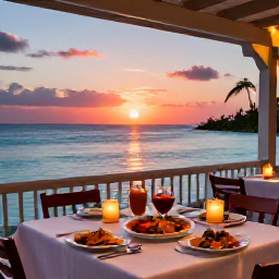 Caribbean Holidays, November Cooking Holidays, Caribbean seaside restaurant terrace at sunset with a freshly prepared local dinner, candles and views across calm turquoise water