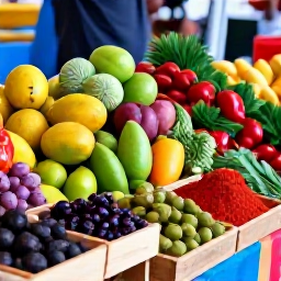 Caribbean Holidays, November Cooking Holidays, Colourful Caribbean market in November with fresh tropical fruit, peppers, herbs and local spices displayed in wooden stalls