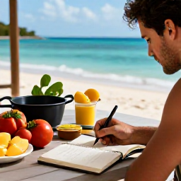 Caribbean Holidays, November Cooking Holidays, Relaxed Caribbean traveller writing recipes in a notebook beside cooking ingredients and a sunny beach view