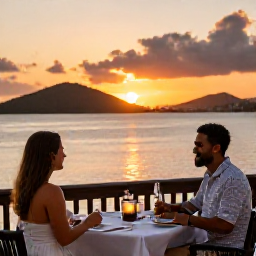 Caribbean Holidays, November Couples, Couple enjoying an alfresco dinner at a waterfront restaurant in the British Virgin Islands at sunset