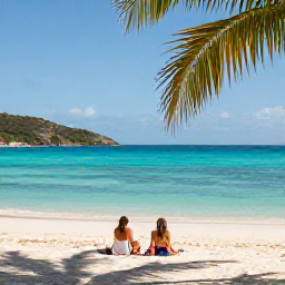 Caribbean Holidays, November Couples, Couple relaxing on a quiet white-sand beach in the British Virgin Islands, turquoise water and palm trees, warm November sunshine