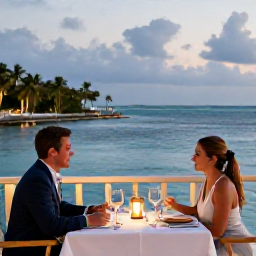 Caribbean Holidays, November Couples Holidays, A couple enjoying an elegant outdoor dinner at a waterfront restaurant in Providenciales, Turks and Caicos, at dusk