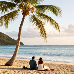 Caribbean Holidays, November Couples Holidays, A couple relaxing on a peaceful Saint Lucia beach under palm trees, with warm sunlight and gentle waves