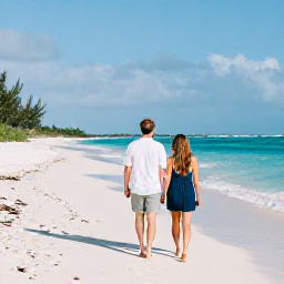 Caribbean Holidays, November Couples Holidays, A couple walking barefoot along the quiet white-sand beach at Grace Bay in Turks and Caicos during a warm November afternoon