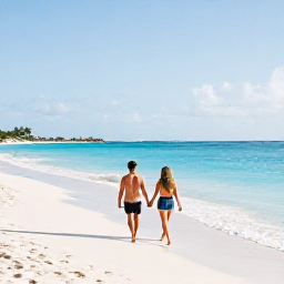 Caribbean Holidays, November Couples Holidays, A couple walking hand in hand along a quiet Caribbean beach on Saint Martin in warm November sunshine, turquoise sea and soft white sand