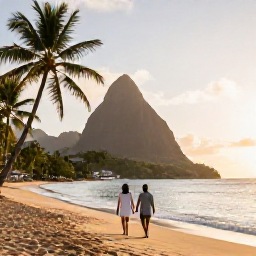 Caribbean Holidays, November Couples Holidays, A couple walking hand in hand along a quiet golden beach in Saint Lucia at sunset, palm trees and calm Caribbean sea