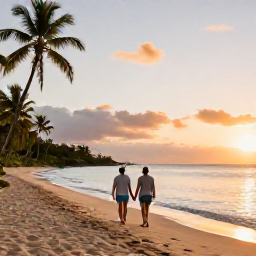 Caribbean Holidays, November Couples Holidays, A couple walking hand in hand along a quiet golden beach on Saint Kitts at sunset, calm Caribbean sea and palm trees